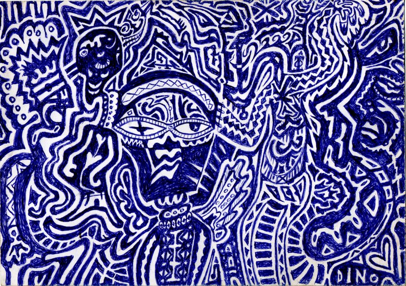 Jean-Michel, Parker Serie Nr. 010: maskenartiges Gesicht mit großen Augen zwischen gekrönten Figuren und Wellenlinien