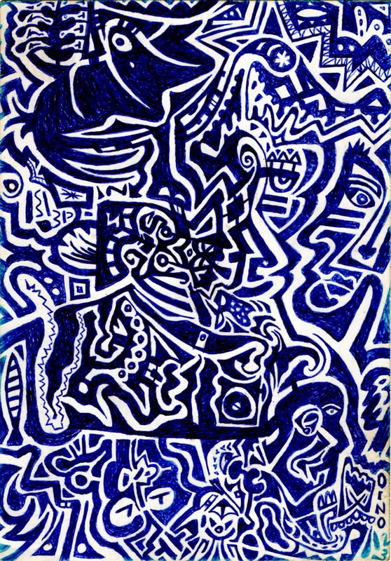 The Politician, Parker Serie Nr. 011: dichte Komposition aus Gesichtern, Mustern und Tierformen