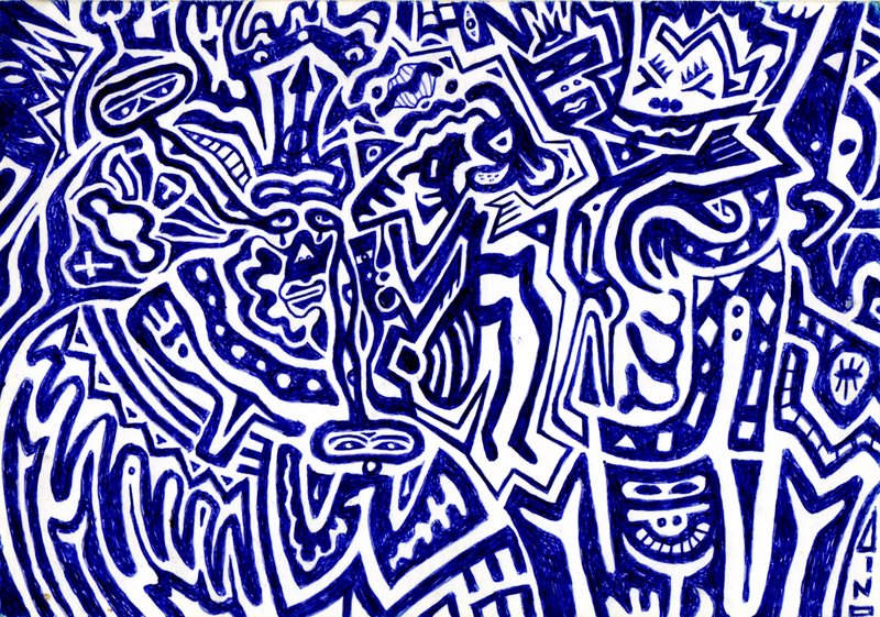 Dog life, Parker Serie Nr. 027: gekrönte Figuren und Masken in kantigen Linien